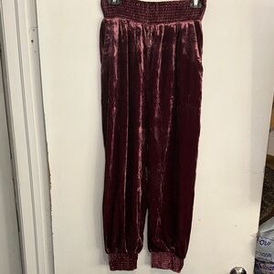Anthropologie Deep Red Velvet Joggers